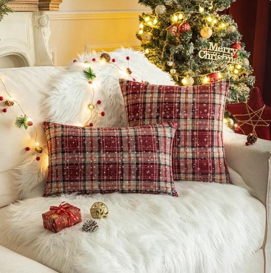 Capa de Almofada de Algodão Xadrez - Natal