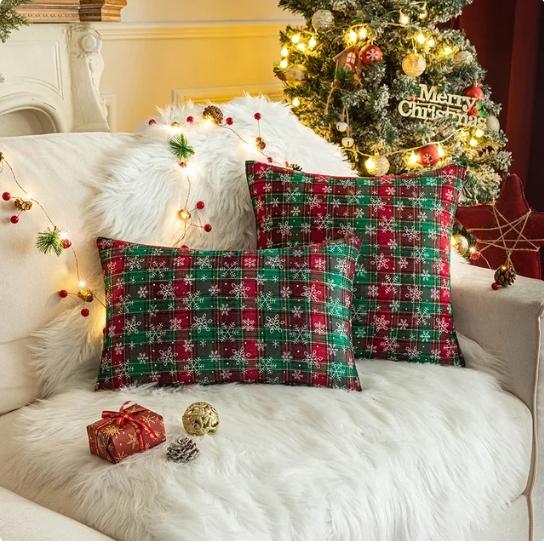 Capa de Almofada de Algodão Xadrez - Natal
